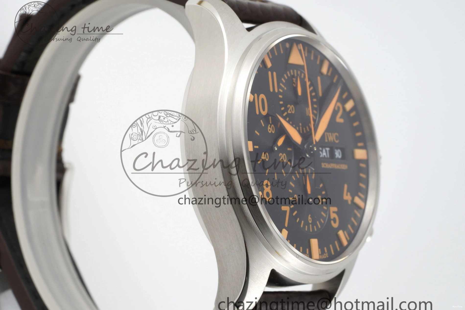 MIROTIME 0118 Pilot Chrono SS AZF 1:1 Best Edition Black Dial Orange Markers on Brown Leather Strap A EasyCare 7065